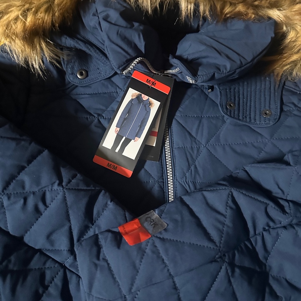 Women's Quilted Blue Jacket with Faux Fur Hood - Picture 3 of 5